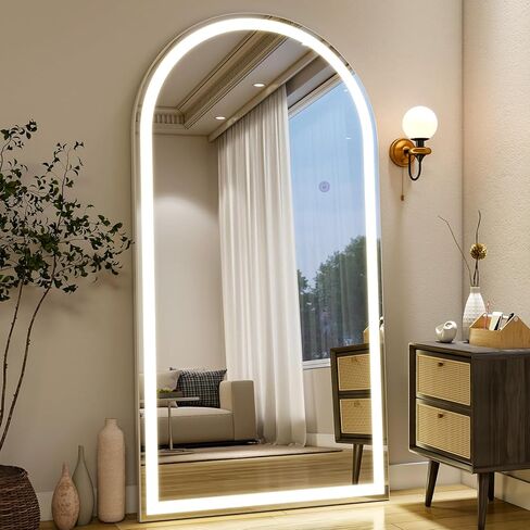 مرآة كاملة الطول مقوسة مقاس 34 بوصة × 76 بوصة مع أضواء LED، مرآة كاملة الجسم واقفة أو مثبتة على الحائط مع حامل، مرآة أرضية مضاءة بثلاثة ألوان قابلة للتعتيم لغرفة النوم وغرفة الملابس والمرحاض in Kuwait