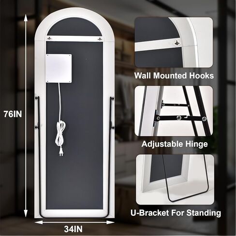 مرآة كاملة الطول مقوسة مقاس 34 بوصة × 76 بوصة مع أضواء LED، مرآة كاملة الجسم واقفة أو مثبتة على الحائط مع حامل، مرآة أرضية مضاءة بثلاثة ألوان قابلة للتعتيم لغرفة النوم وغرفة الملابس والمرحاض in Kuwait
