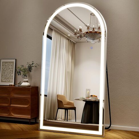 مرآة كاملة الطول مقوسة مقاس 34 بوصة × 76 بوصة مع أضواء LED، مرآة كاملة الجسم واقفة أو مثبتة على الحائط مع حامل، مرآة أرضية مضاءة بثلاثة ألوان قابلة للتعتيم لغرفة النوم وغرفة الملابس والمرحاض in Kuwait
