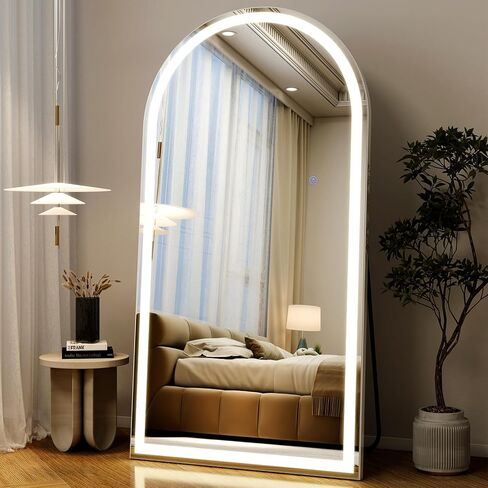 مرآة كاملة الطول مقوسة مقاس 34 بوصة × 76 بوصة مع أضواء LED، مرآة كاملة الجسم واقفة أو مثبتة على الحائط مع حامل، مرآة أرضية مضاءة بثلاثة ألوان قابلة للتعتيم لغرفة النوم وغرفة الملابس والمرحاض in Kuwait