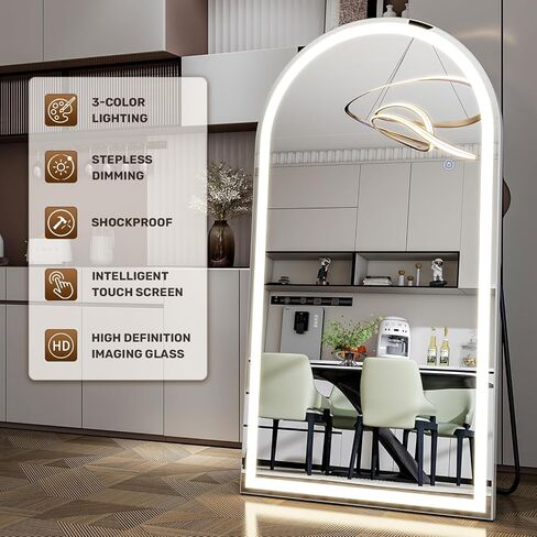 مرآة كاملة الطول مقوسة مقاس 34 بوصة × 76 بوصة مع أضواء LED، مرآة كاملة الجسم واقفة أو مثبتة على الحائط مع حامل، مرآة أرضية مضاءة بثلاثة ألوان قابلة للتعتيم لغرفة النوم وغرفة الملابس والمرحاض in Kuwait