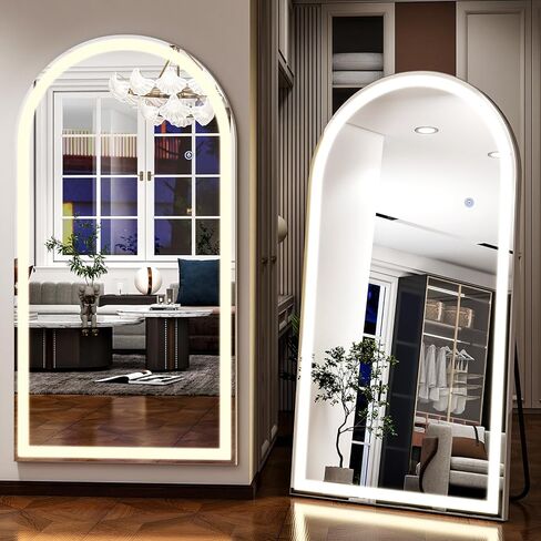 مرآة كاملة الطول مقوسة مقاس 34 بوصة × 76 بوصة مع أضواء LED، مرآة كاملة الجسم واقفة أو مثبتة على الحائط مع حامل، مرآة أرضية مضاءة بثلاثة ألوان قابلة للتعتيم لغرفة النوم وغرفة الملابس والمرحاض in Kuwait
