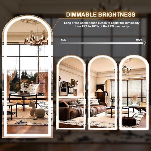 مرآة كاملة الطول مقوسة مقاس 34 بوصة × 76 بوصة مع أضواء LED، مرآة كاملة الجسم واقفة أو مثبتة على الحائط مع حامل، مرآة أرضية مضاءة بثلاثة ألوان قابلة للتعتيم لغرفة النوم وغرفة الملابس والمرحاض in Kuwait