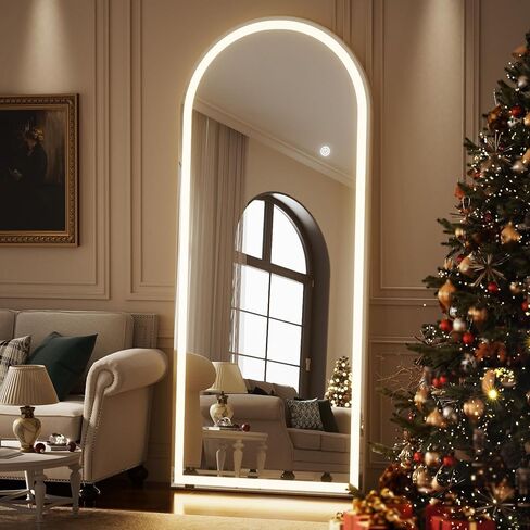 مرآة كاملة الطول مقوسة مقاس 34 بوصة × 76 بوصة مع أضواء LED، مرآة كاملة الجسم واقفة أو مثبتة على الحائط مع حامل، مرآة أرضية مضاءة بثلاثة ألوان قابلة للتعتيم لغرفة النوم وغرفة الملابس والمرحاض in Kuwait