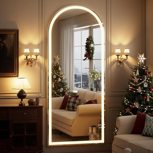 مرآة كاملة الطول مقوسة مقاس 34 بوصة × 76 بوصة مع أضواء LED، مرآة كاملة الجسم واقفة أو مثبتة على الحائط مع حامل، مرآة أرضية مضاءة بثلاثة ألوان قابلة للتعتيم لغرفة النوم وغرفة الملابس والمرحاض in Kuwait