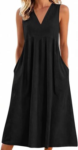 فساتين الكتان للنساء 2026 الخامس الرقبة 3/4 كم فستان ماكسي مطوي فستان طويل فساتين الصيف زر مع جيوب in Kuwait