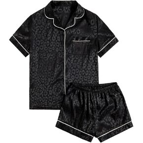 WDIRARA Women's Sleepwear Leopard Print Satin Shirt and Shorts Pajama Set in Kuwait