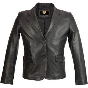 معطف جلد نسائي من LL LEATHER LOVERS - معطف لركوب الدراجات من جلد الخراف برقبة دائرية وإغلاق بأزرار سفلية، وسترة in Kuwait