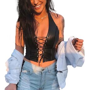 Women's Sexy Halter Backless Leather Tops Rivet String Lace Up Tank Tops Camisole in Kuwait