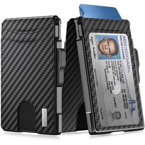 umoven Wallet for Men - Slim Leather RFID Blocking Bifold Minimalist Wallet with Metal Pop-Up Card Holder, Money Clip, Credit Card Slots - Men's Wallet, Carbon Fiber in Kuwait