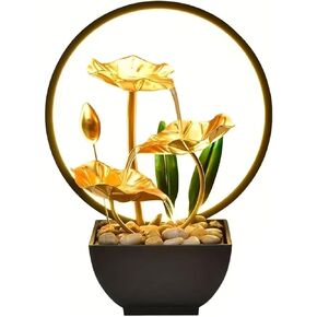 Tabletop Fountain with Led Light, 11IN Gold Lotus Indoor Waterfall Fountain USB Powered Zen Table Water Fountains with 1 Replacement Water Pump in Kuwait