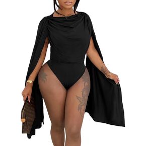 Womens Cowl Neck Body Suits Tops Drape Ruched Cape Sleeve Bodycon Bodysuit Y2K Going Out Top in Saudi Arabia