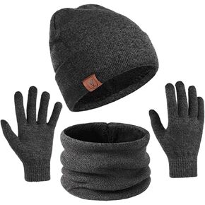 Winter Knit Beanie Hat Neck Warmer Gloves for Men Women Set 3 Pcs Fleece Lined Skull Cap Scarf Touch Screen Gloves in Kuwait