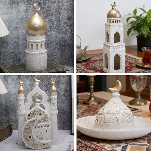 Ywalxskk Islamic Resin Decoration, Ramadan & Eid Home Decor with Golden Crescent Domes, White Speckled Base, Islamic Architecture Ornament for Mantel, Shelf, Table Centerpiece in Saudi Arabia