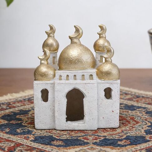 Ywalxskk Islamic Resin Decoration, Ramadan & Eid Home Decor with Golden Crescent Domes, White Speckled Base, Islamic Architecture Ornament for Mantel, Shelf, Table Centerpiece in Saudi Arabia