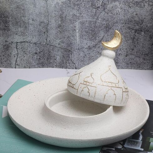 Ywalxskk Islamic Resin Decoration, Ramadan & Eid Home Decor with Golden Crescent Domes, White Speckled Base, Islamic Architecture Ornament for Mantel, Shelf, Table Centerpiece in Saudi Arabia