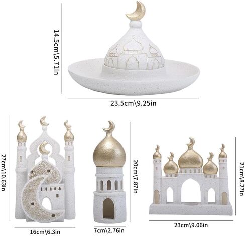 Ywalxskk Islamic Resin Decoration, Ramadan & Eid Home Decor with Golden Crescent Domes, White Speckled Base, Islamic Architecture Ornament for Mantel, Shelf, Table Centerpiece in Saudi Arabia