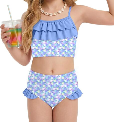 Girls Tankini Swimsuit Two Piece Bathing Suit with Adjustable Strap Ruffle Trim Swimsuit for 3-12 Years in Saudi Arabia