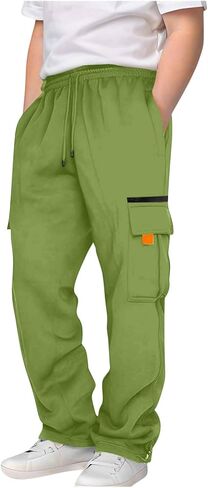Boys Cargo Pants Comfy Baggy Casual Pants Fleece Lined Fall Sweatpants Drawstring Waist Joggers for Running Golf in Saudi Arabia