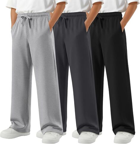 3 Pack Boys Straight Leg Sweatpants Baggy Open Bottom Athletic Joggers Lightweight Drawstring Pants with Pockets in Saudi Arabia