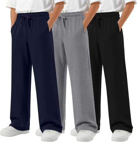3 Pack Boys Straight Leg Sweatpants Baggy Open Bottom Athletic Joggers Lightweight Drawstring Pants with Pockets in Saudi Arabia