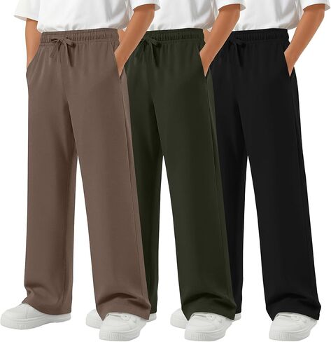 3 Pack Boys Straight Leg Sweatpants Baggy Open Bottom Athletic Joggers Lightweight Drawstring Pants with Pockets in Saudi Arabia