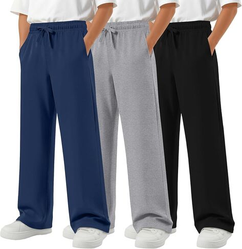 3 Pack Boys Straight Leg Sweatpants Baggy Open Bottom Athletic Joggers Lightweight Drawstring Pants with Pockets in Saudi Arabia