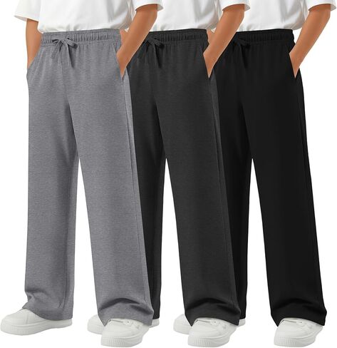 3 Pack Boys Straight Leg Sweatpants Baggy Open Bottom Athletic Joggers Lightweight Drawstring Pants with Pockets in Saudi Arabia