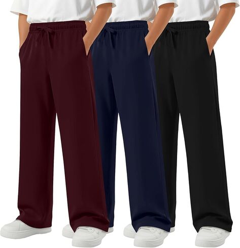 3 Pack Boys Straight Leg Sweatpants Baggy Open Bottom Athletic Joggers Lightweight Drawstring Pants with Pockets in Saudi Arabia