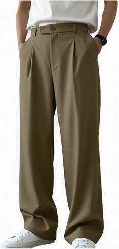 OYOANGLE Men's Pleated Front Straight Leg Dress Pants Zipper Fly Work Casual Slacks with Pocket in Saudi Arabia