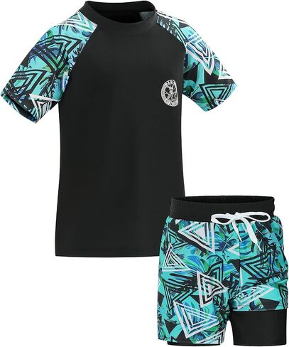 Boys Short Sleeve Rash Guard with Compression Liner Swim Trunks Quick Dry 2 Pieces Sun Shirt Swimwear Set in Saudi Arabia