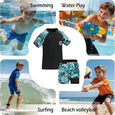 Boys Short Sleeve Rash Guard with Compression Liner Swim Trunks Quick Dry 2 Pieces Sun Shirt Swimwear Set in Saudi Arabia