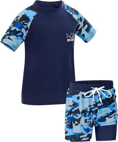 Boys Short Sleeve Rash Guard with Compression Liner Swim Trunks Quick Dry 2 Pieces Sun Shirt Swimwear Set in Saudi Arabia