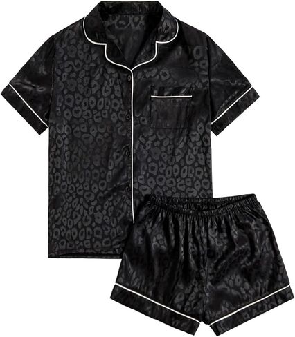 WDIRARA Women's Sleepwear Leopard Print Satin Shirt and Shorts Pajama Set in Kuwait