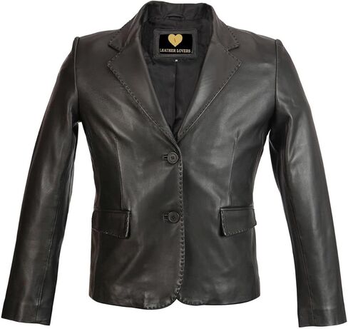 معطف جلد نسائي من LL LEATHER LOVERS - معطف لركوب الدراجات من جلد الخراف برقبة دائرية وإغلاق بأزرار سفلية، وسترة in Kuwait