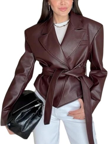 Leather Jacket Women Vintage Style Motorcycle Bomber Blazers Long Sleeve Waist Belt Faux Leather Biker Jacket Women in Saudi Arabia