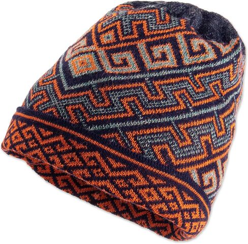 NOVICA 100% Baby Alpaca Knit hat, 'Andean Style' Blue, Orange in Saudi Arabia