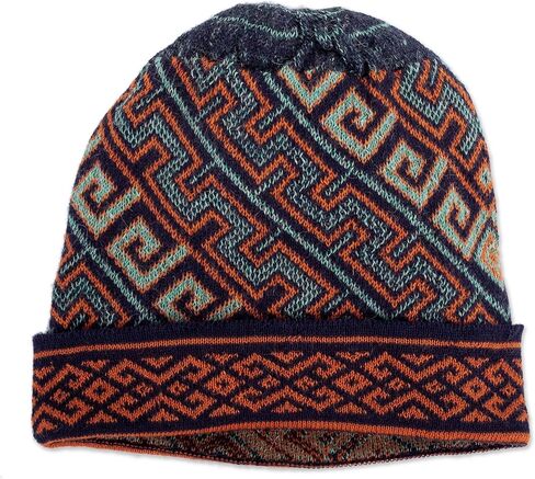 NOVICA 100% Baby Alpaca Knit hat, 'Andean Style' Blue, Orange in Saudi Arabia