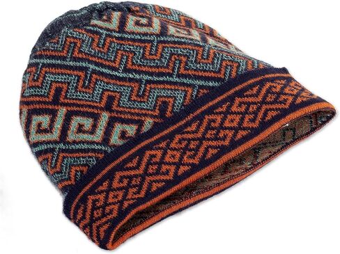 NOVICA 100% Baby Alpaca Knit hat, 'Andean Style' Blue, Orange in Saudi Arabia