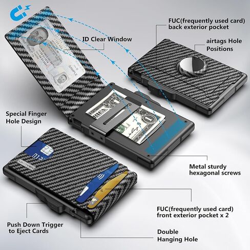 umoven AirTag Wallet for Men - with Pop Up Aluminum Case Money Clip Slim Leather Slots Credit Card Holder RFID Blocking Bifold Minimalist Wallet with Gift Box (Carbon Fiber) in Saudi Arabia