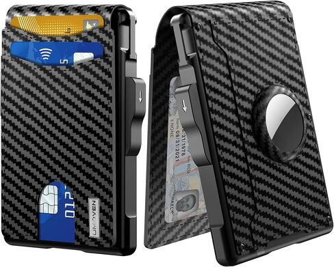 umoven AirTag Wallet for Men - with Pop Up Aluminum Case Money Clip Slim Leather Slots Credit Card Holder RFID Blocking Bifold Minimalist Wallet with Gift Box (Carbon Fiber) in Saudi Arabia