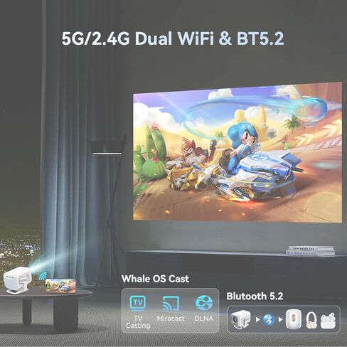 جهاز عرض صغير مع واي فاي وبلوتوث، جهاز عرض محمول يدعم 1080P 4K أصلي مع نظام تشغيل Android TV OS، قابل للدوران 180 درجة، تركيز تلقائي AI وحجر مفاتيح، شاشة عرض فيديو مقاس 35 بوصة - 130 بوصة in Saudi Arabia