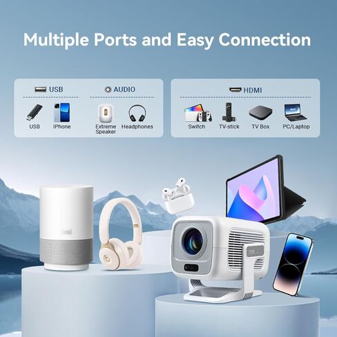 جهاز عرض صغير مع واي فاي وبلوتوث، جهاز عرض محمول يدعم 1080P 4K أصلي مع نظام تشغيل Android TV OS، قابل للدوران 180 درجة، تركيز تلقائي AI وحجر مفاتيح، شاشة عرض فيديو مقاس 35 بوصة - 130 بوصة in Saudi Arabia