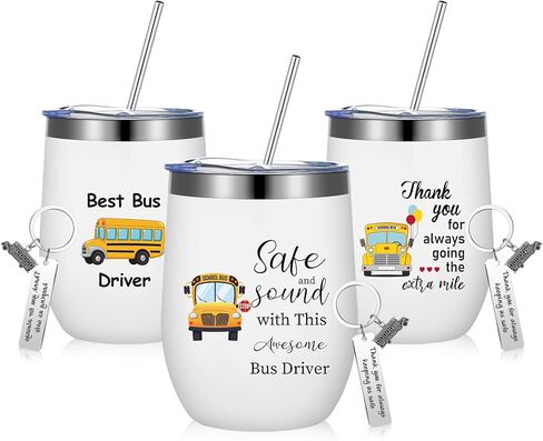 Rtteri 6 Pcs Bus Driver Appreciation Gifts for Men Women School Bus Driver Gifts 3 Stainless Steel Thank You Keychains and 3 Tumbler Cups 12 oz with Lid & Straw in Saudi Arabia