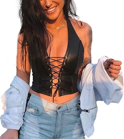 Women's Sexy Halter Backless Leather Tops Rivet String Lace Up Tank Tops Camisole in Kuwait