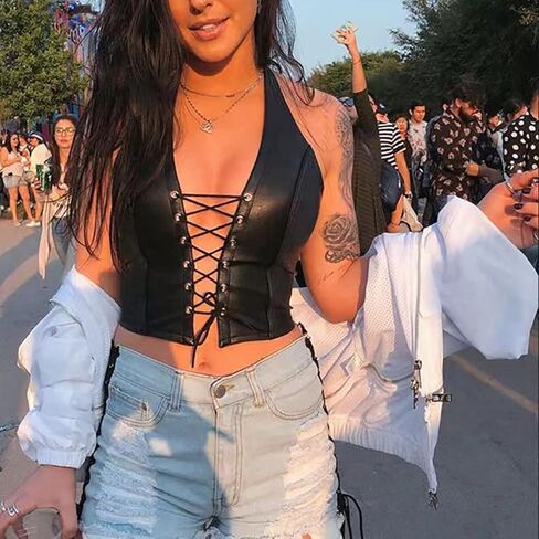 Women's Sexy Halter Backless Leather Tops Rivet String Lace Up Tank Tops Camisole in Kuwait