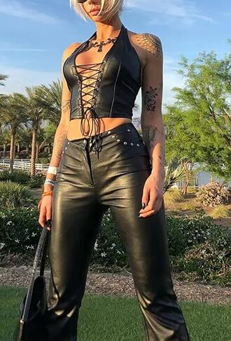 Women's Sexy Halter Backless Leather Tops Rivet String Lace Up Tank Tops Camisole in Kuwait