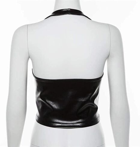 Women's Sexy Halter Backless Leather Tops Rivet String Lace Up Tank Tops Camisole in Kuwait
