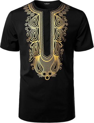تي شيرت LucMatton رجالي أفريقي بأكمام قصيرة وأزرار مخفية بختم معدني من Dashiki in Kuwait