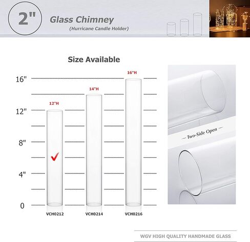 WGVI Hurricane Candle Holder Sleeve, Wide 2", Height 12", Clear Glass Cylinder Open Both Ends, Chimney Tube, Open Ended Candle Shade, 2 Pieces in Saudi Arabia